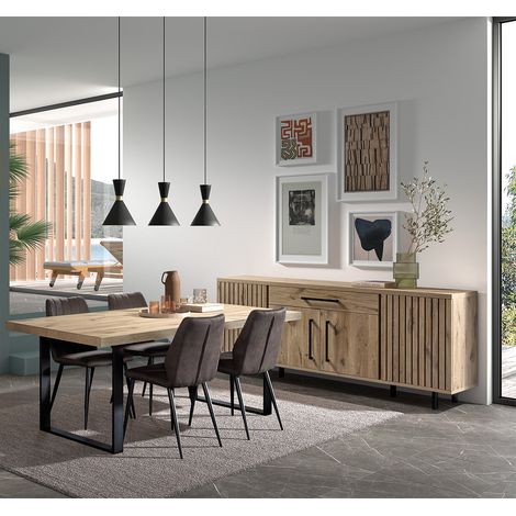 ROMY - Ensemble Séjour Table 230cm et Buffet 4 Portes Aspect Bois Effet Tasseaux (1/5)