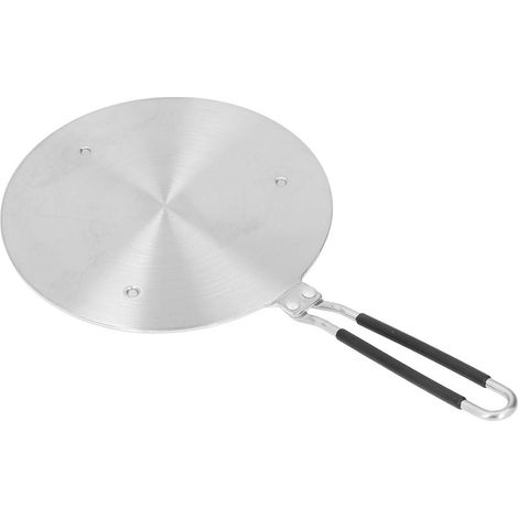 Plaque de diffusion de chaleur en acier inoxydable, compatible avec les plaques à induction et les poêles en fonte. Elle offre une diffusion rapide et homogène de la chaleur grâce à sa longue poignée. (1/5)