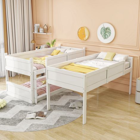 Lit superposé enfant 205x95x191 cm en bois blanc, 3 couchages, gain de place, sans matelas – MEUBLIV (1/5)