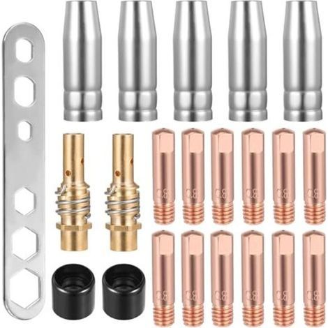 Kit de 22 consommables pour poste à souder MIG/MAG, comprenant : 12 pointes de contact M6 de 0,8 mm, 5 buses de soudage, 2 porte-buses, 2 isolateurs et 1 clé pour torche de soudage MI (1/5)
