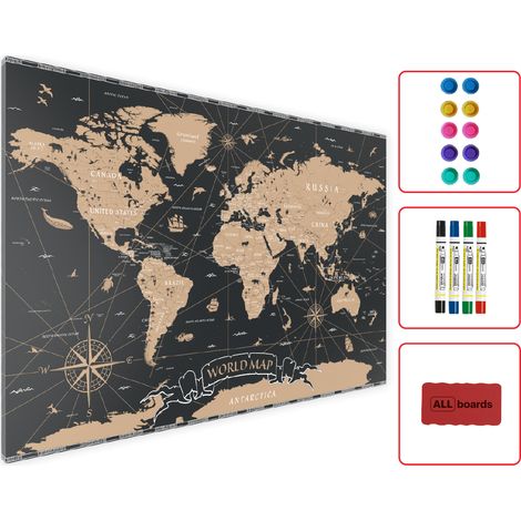 Allboards – Tableau magnétique en métal carte du monde noir vintage 90x60 cm – Acier léger – Fixation facile au mur – Compatible avec tous types d'aimants