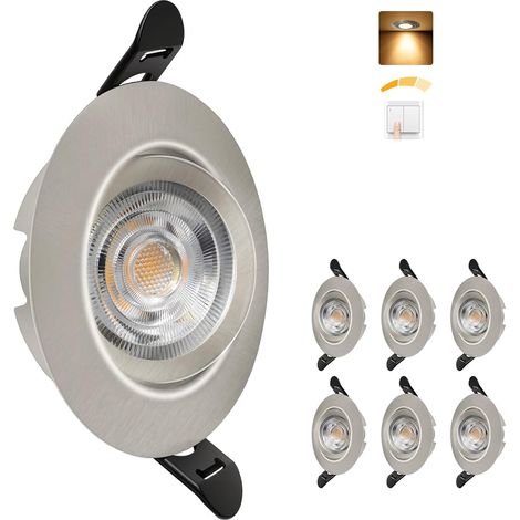 Spot LED Encastrable Dimmable 220V, 5.5W 600LM IP44 Spots LED Encastrable Extra Plat 68mm, 45° Orientable Spots de Plafond 2700K Blanc Chaud Spot Salle de Bain, Nickel Brossé Lot de 6 (1/5)