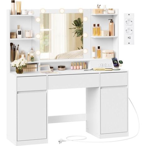Coiffeuse avec miroir éclairage LED 40 x 107 x 144 cm rangement bijoux 9 tiroirs style moderne en panneau MDF blanc (1/2)