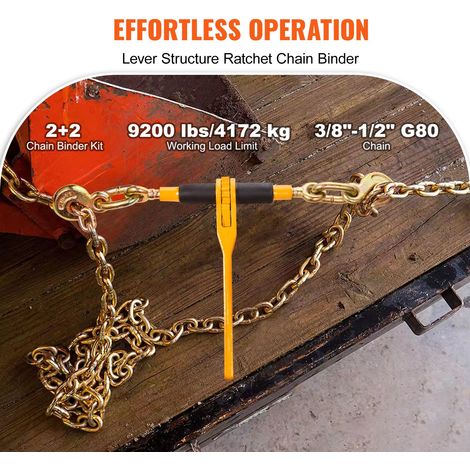 Lot de 2 tendeurs à levier et chaînes G80 3/8" x 3,05 m, capacité 4172 kg, pour remorque camion arrimage transport (1/5)