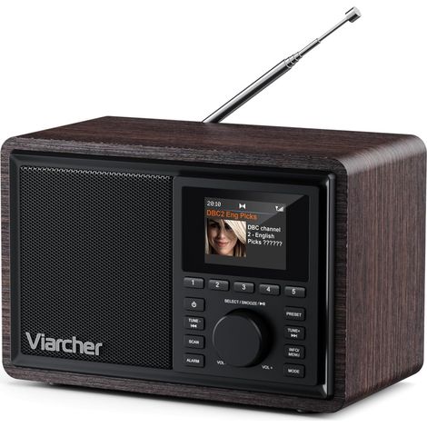 Radio numérique DAB/DAB+ & FM avec Bluetooth, radio de cuisine avec double fonction réveil, minuterie de sommeil, 60 stations, AUX, écran couleur, aspect noyer (1/5)