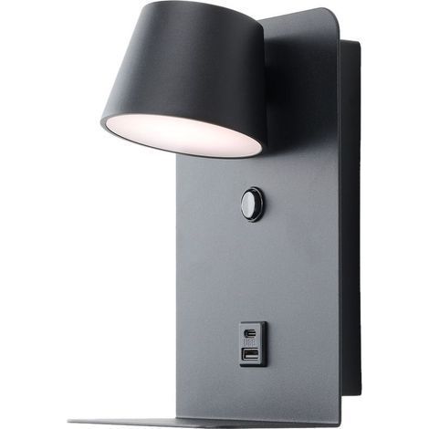 Aplique de pared negro con interruptor integrado, LED 6 W, puerto de carga USB-C y dimensiones 22,5 x 14 cm (1/5)