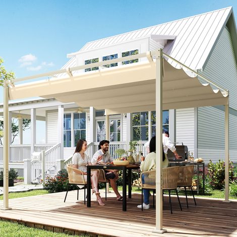 Pergola de jardin 3 x 3m avec toit rétractable et fixation magnétique, auvent de protection solaire, UPF30+, kaki