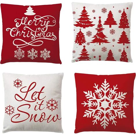 Housses de Coussin Décoration de Noël 4 Pièces, Sapin de Noël, Flocon de Neige, Renne, Décor Maison, Housses Lin, Noël, Fêtes, Style Ferme, Chambre, 45 cm, Rouge (1/5)