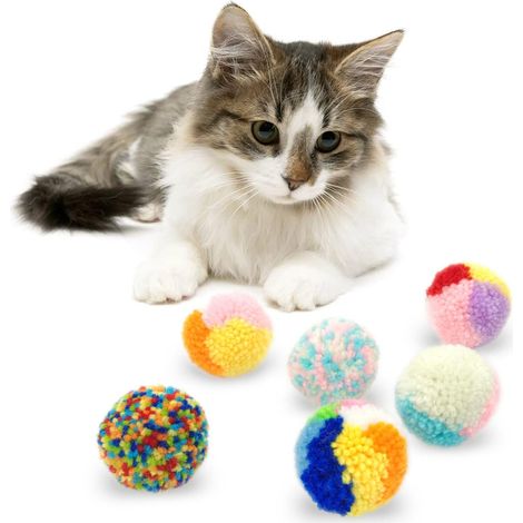 Set di 6 giocattoli colorati per gatti, palline interattive in filato di lana per gatti, palline con pompon per gatti, giocattoli da inseguire per gatti da interno