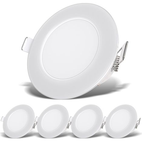 Set de 5 spots LED encastrables salle de bain, plats, IP65, couleur de lumière blanc neutre, dimension du trou 68mm, spots LED, spot encastrable, plafonnier salle de bain, 86x30mm, blanc (1/5)