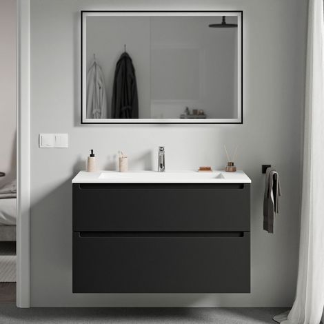 Unterschrank Bernstein VIREO 100cm mit Mineralguss Waschbecken BRUXELLES Badmöbel: Schwarz matt, Waschbecken: Weiß matt mit Hahnloch