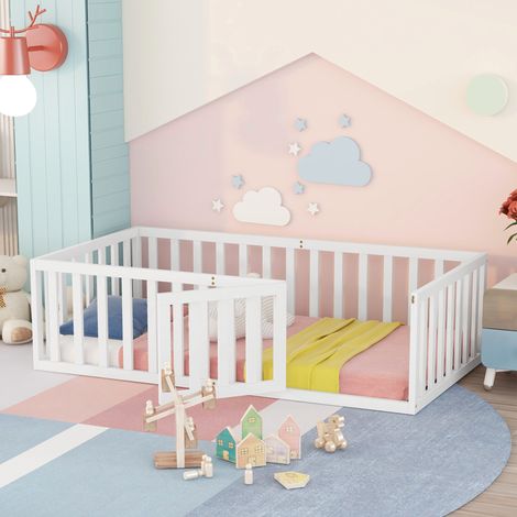 Cama infantil 90x200 cm blanca de madera con barrera y puerta (1/5)