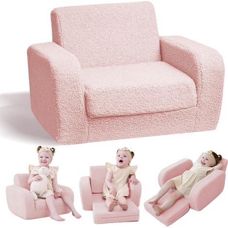 3 in 1 Fauteuil Enfant, Rose Canape Enfant en Tissu Sherpa, Meuble Enfants pour Filles (1/5)