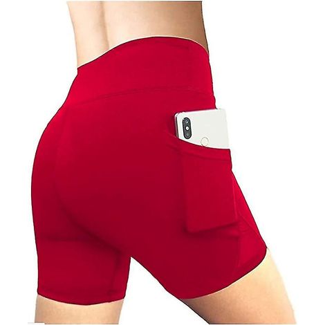 Damen-Sportshorts mit hohem Bund, elastischem Bund und Handytasche, einfarbig, Größe L, bordeauxrot, ideal für Yoga und Laufen. (1/5)