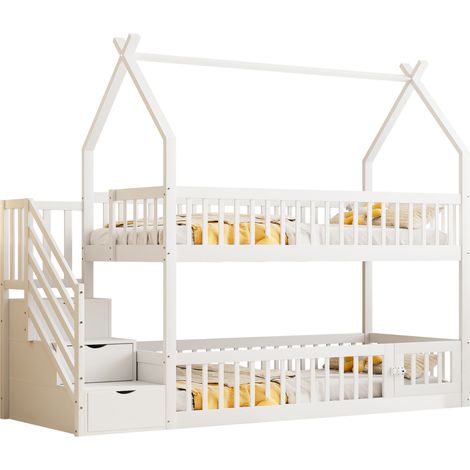 Etagenbett Massivholz Weiß 90x200 cm mit Hausdach, Treppe und Schubladen (1/5)