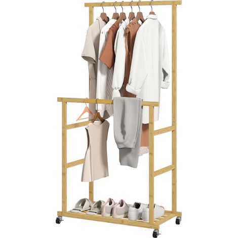 Portant à vêtements à roulettes, porte-manteau double barre en bambou avec étagère inférieure, 80x40x160cm, bois naturel