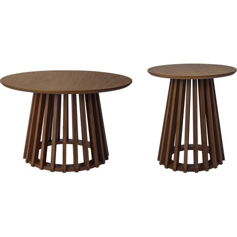 Set de 2 tables basses rondes plateau effet bois noyer et pieds en bois de sapin. Ø40cm et Ø60cm (1/5)