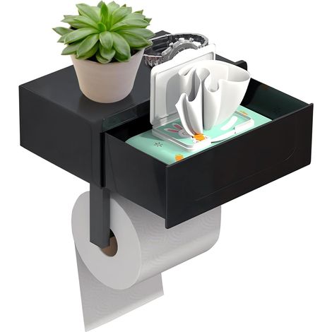 Porte-rouleau de papier toilette sans perçage avec boîte à lingettes humides, porte-rouleau de papier toilette avec étagère de tiroir, support(noir) (1/5)