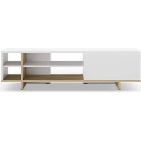 Mueble para televisión 1 puerta y 4 huecos Celia acabado blanco/roble, 44cm(alto) 160cm(ancho) 35.6cm(largo). (1/5)
