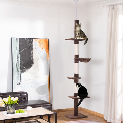 Árbol para gatos de techo con sisal y felpa marrón, 5 niveles para rascar, descansar y trepar, 40 x 34 x 230-260 cm (1/5)