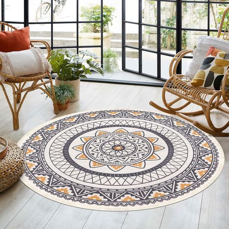 Tapis rond en coton tressé avec franges cent vingt centimètres pour salon et chambre lavable en machine design bohème (1/5)