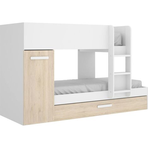Dmora - Cama infantil Dcierv, Dormitorio completo con armario y cajonera, Composición litera con dos camas individuales, 244x112h150 cm, Roble y Blanco