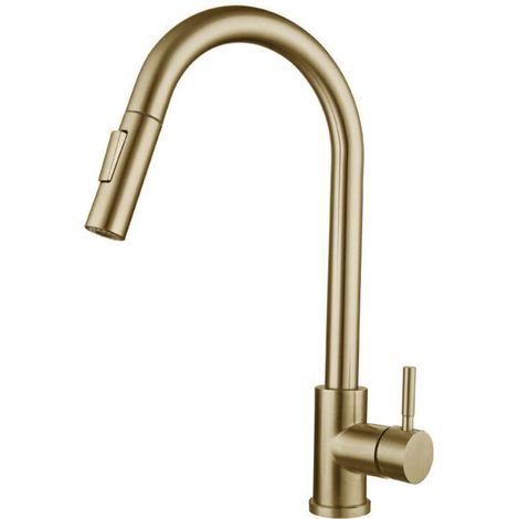 Rubinetto da cucina monocomando placcato oro, miscelatore estraibile a due funzioni, rubinetti per acqua calda e fredda montati sul piano di lavoro.