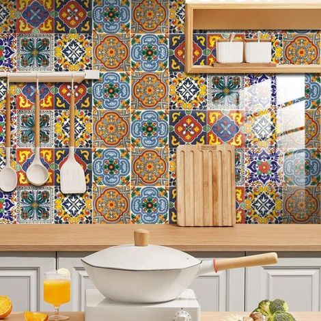 Stickers Cuisine Carrelage Mural Salle de Bain 15x15cm Motif de Fleurs Coloré Vinyl Auto-adhésif coloré