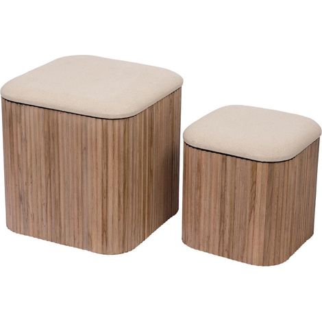 Amadeus - Lot de 2 tabourets carrés en teck et tissu camel 35 x 35 cm (1/3)