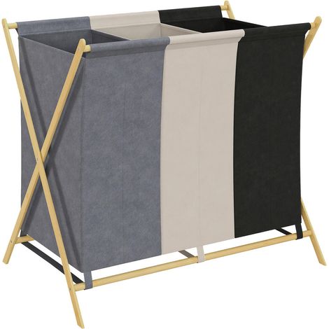 Panier à Linge 3 Bacs Trieur de Linge Sale Pliable 129L en Bambou Naturel et Tissu pour Buanderie (1/5)