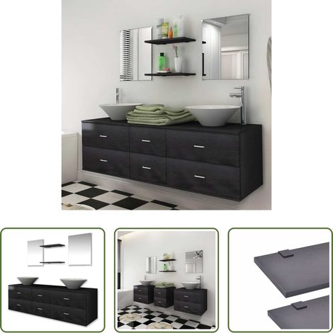 vidaXL Specchio -  Mobili da Bagno con Lavabo Set 7 pz Nero (1/5)