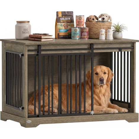 Cage pour chien - PawHut - porte coulissante, table d'appoint, niche moderne pour chien 30kg- bois - 100x60x68cm - effet bois gris (1/5)