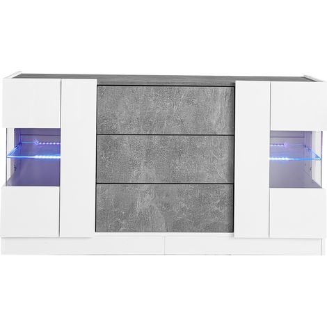 Aparador con 2 Puertas y 3 Cajones, LED 16 Colores con App, Blanco Brillo y Efecto Mármol Gris, MDF, 140×35×75 cm (1/5)