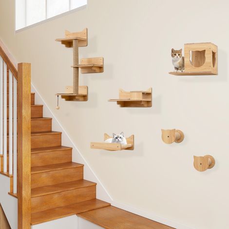 Ensemble de 6 Meubles Muraux pour Chat Étagères avec Hamac Pont Arbre à Chat à 2 Niveaux Plates-Formes Marches Poteaux à Griffer Naturel (1/2)
