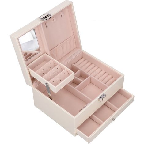 Coffret à bijoux double couche avec miroir intégré et tiroir verrouillable pour salle d'eau ou chambre à coucher (1/5)