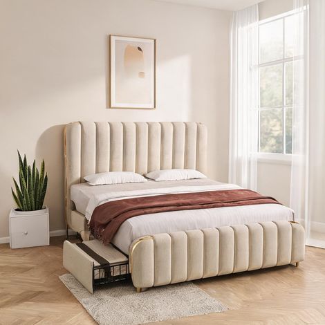 Cadre de lit beige en lin 215 x 187 x 101 cm (1/5)
