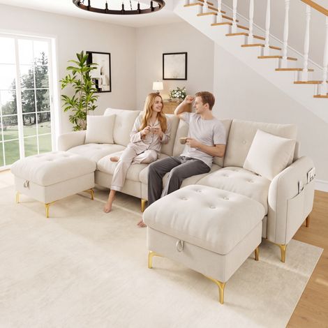 Canapé d'angle en U 4 places avec 2 poufs de rangement,canapé modulable U ou L avec pieds dorés,2 coussins décoratifs,capitonné,en chenille,beige (1/5)