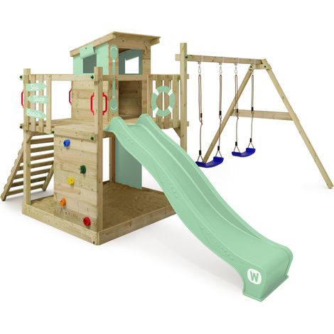 Parque infantil de madera Wickey Smart Camp con Casita de juegos y Columpio en verde claro