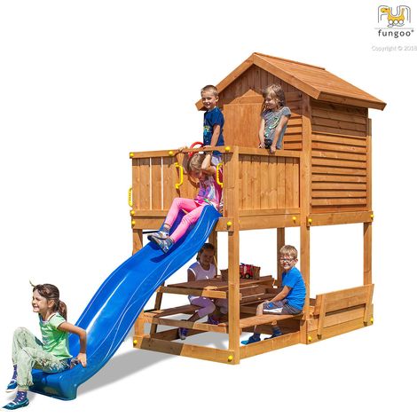 Fungoo Spielturm "My House Free Time Beach", teak, mit Picknicktisch, Sandkastenabdeckung, Rutsche Haus mit Holzdach