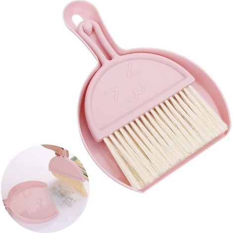Petit ensemble pelle et balayette，Mini pelle avec balai，Pelle à main，Ramasse-miettes avec brosses douces pour bureau et cuisine (Rose) (1/5)