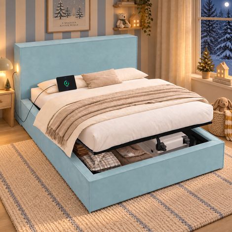 Lit coffre rembourré 140x200 cm en tissu velours avec rangement hydraulique, sommier inclus, tête de lit capitonnée - Bleu (1/5)