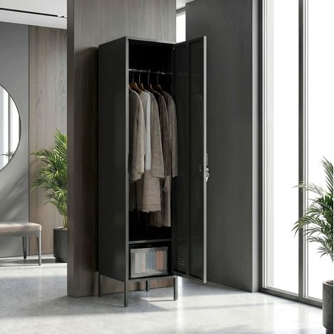 Armario vestidor 40x40x179 cm negro de acero con puerta con cerradura, barra para colgar y compartimento (1/3)