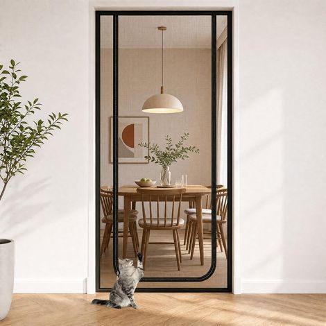 Moustiquaire pour chat avec fermeture éclair - Anti-rayures - Pour porte de balcon et de chambre - Sans perçage - Filet renforcé pour animaux de compagnie - Noir - En forme de U - 90 x 200 cm (1/5)