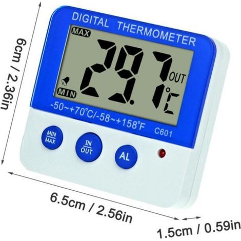 Haushaltsübliches Kühlschrankthermometer für den Innen- und Außenbereich mit Hoch- und Niedrigtemperaturalarm sowie magnetischem Frostalarm. (1/4)