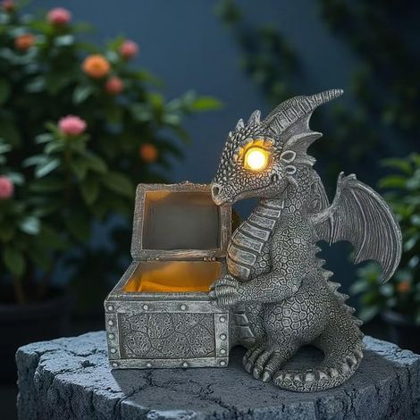 LED Solaire actionné Dragons Ouverture trésors boîte lumière, Lampe de décoration atmosphère extérieure, Mignon résine Dragon Jardin lumières (1/4)