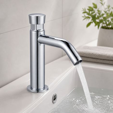 Robinet temporisé à pression eau froide en laiton massif, finition chromée brillante avec aérateur anti-éclaboussures pour lavabo sanitaire public (1/5)