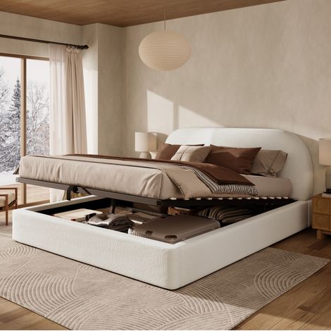 Cama doble tapizada 160x200 cm en bouclé beige con cabecero, somier de láminas y arcón hidráulico (1/5)