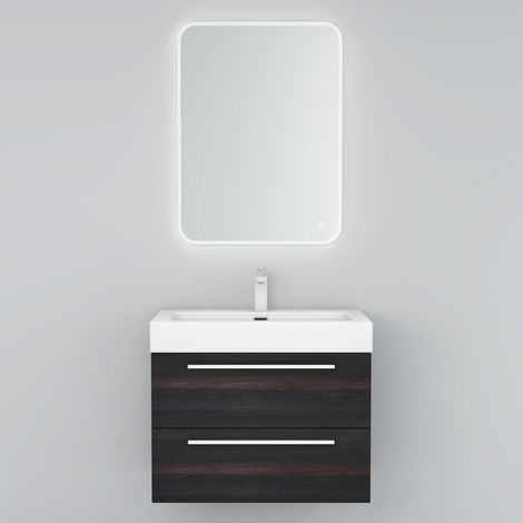 Mai & Mai Mobile Bagno Sospeso73cm, Mobiletto per Bagno con Lavabo e Specchio LED, Grigio Scuro, Seria Quadratto (1/5)