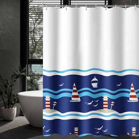 Duschvorhang, 180 x 200 cm, blau, beschwerter Saum, schimmelresistent, wasserdicht, waschbar, Polyestergewebe für Badezimmer (1/4)