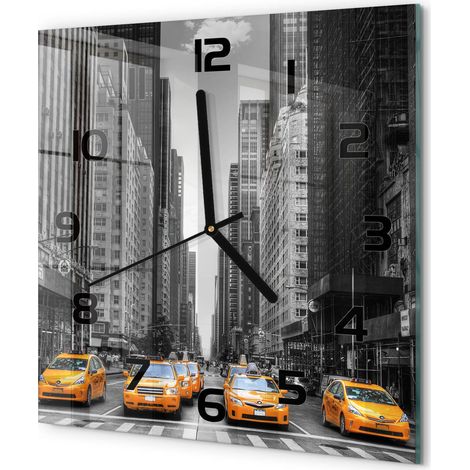 Horloge Murale Carrée Maison Verre Trempé Silencieuse Design Moderne Élégant Taxis de New York 30x30 cm (1/5)